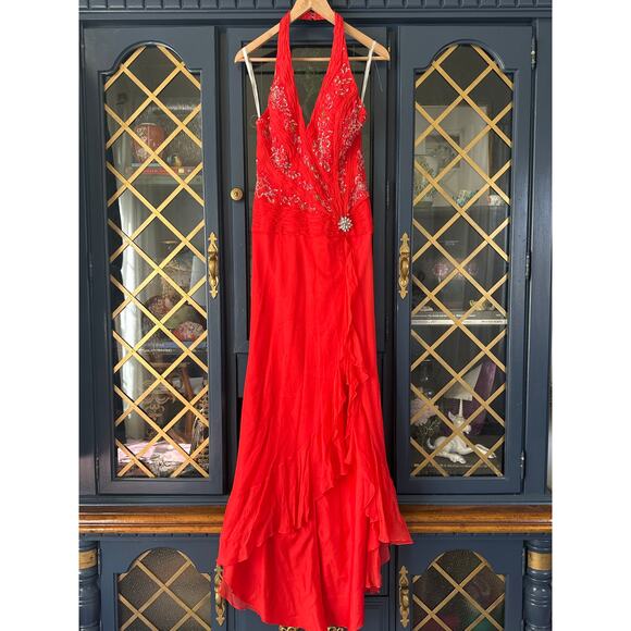 Tiffany Designs Silk red halter beaded mermaid ruffle hem dress size 8 - Picture 1 of 11